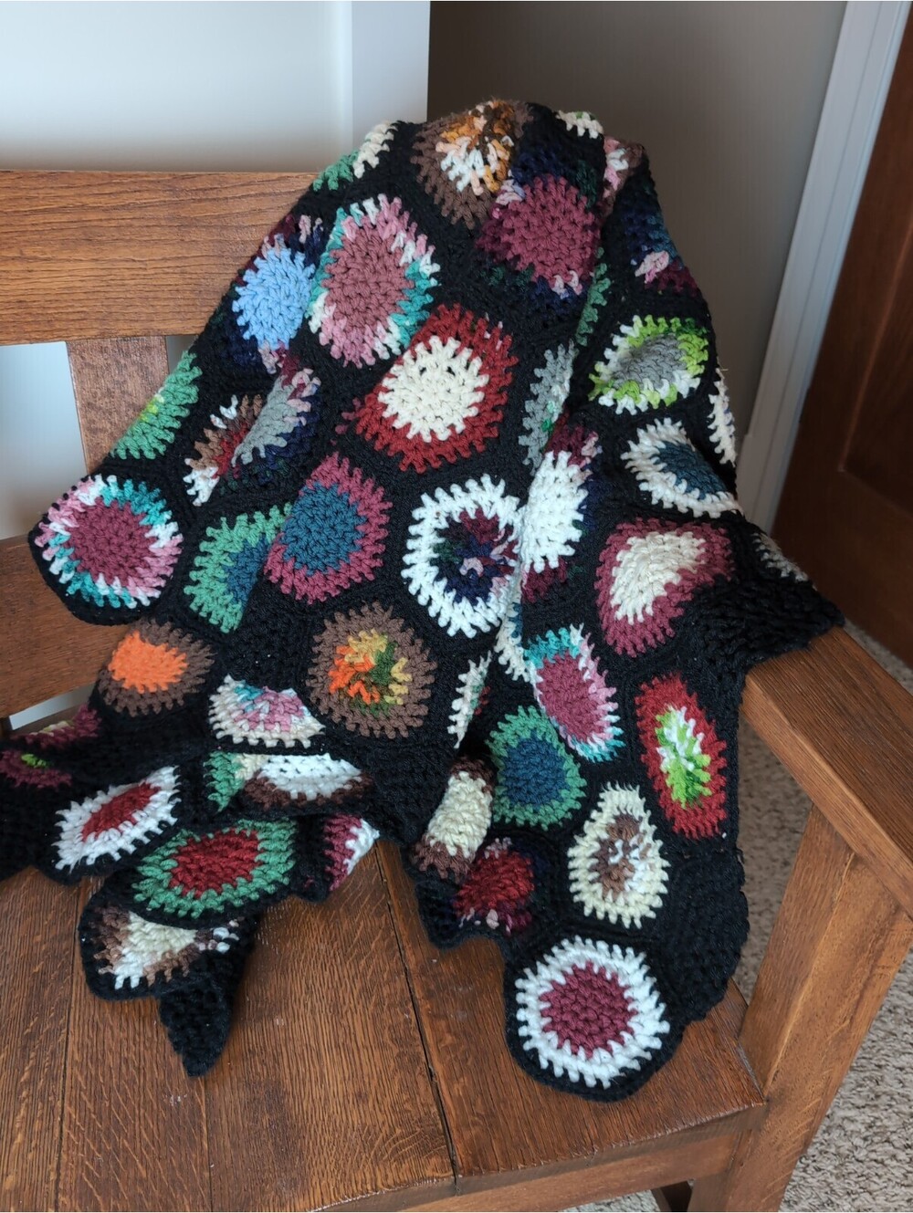 Vintage Granny Square Crochet Throw / Blanket Multicolor Black Multi-Color 39x62